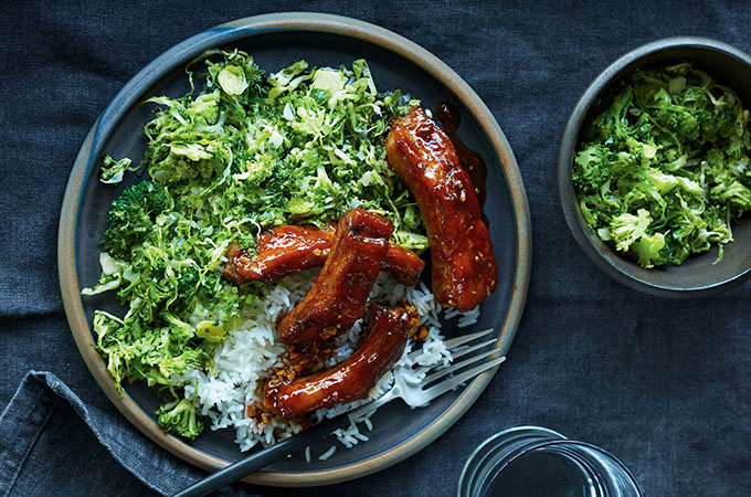 Sticky Glazed Ribs with Green Vegetable Chiffonade