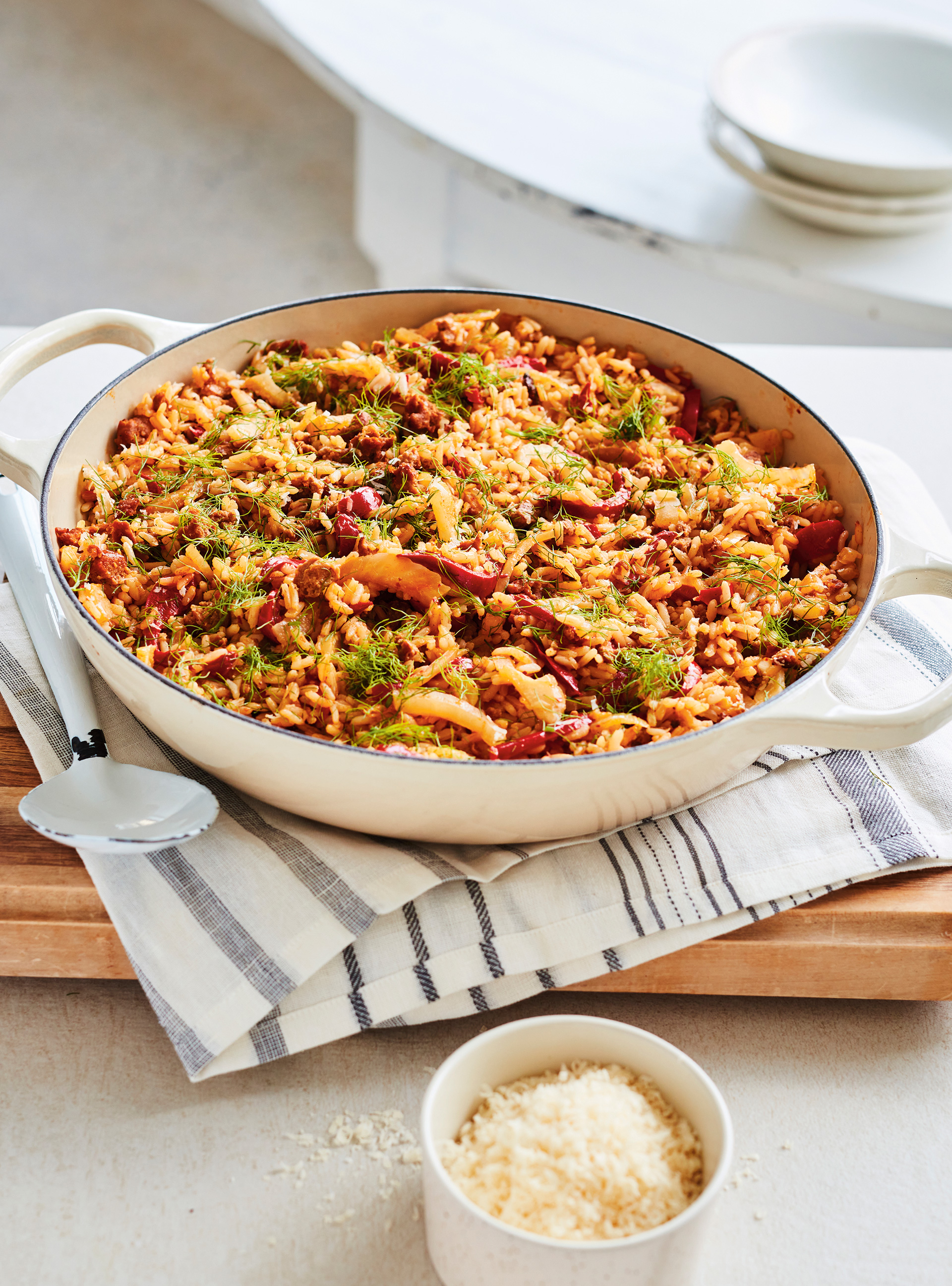 Riz one pot à la saucisse, fenouil et poivron