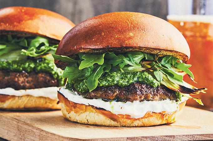 Lamb Burgers with Arugula Pesto and Roasted Onion