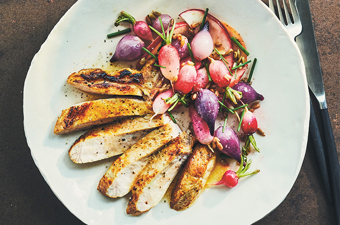 Roasted Radishes in Brown Butter with Buttermilk Pork Chops