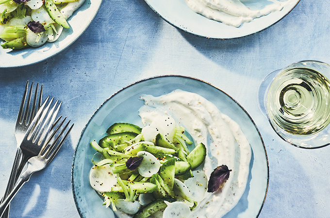 White Turnips and Cucumbers with Garlic Scape Labneh