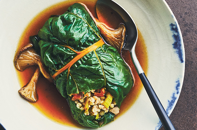 Swiss Chard Rolls with Buckwheat and Oyster Mushrooms