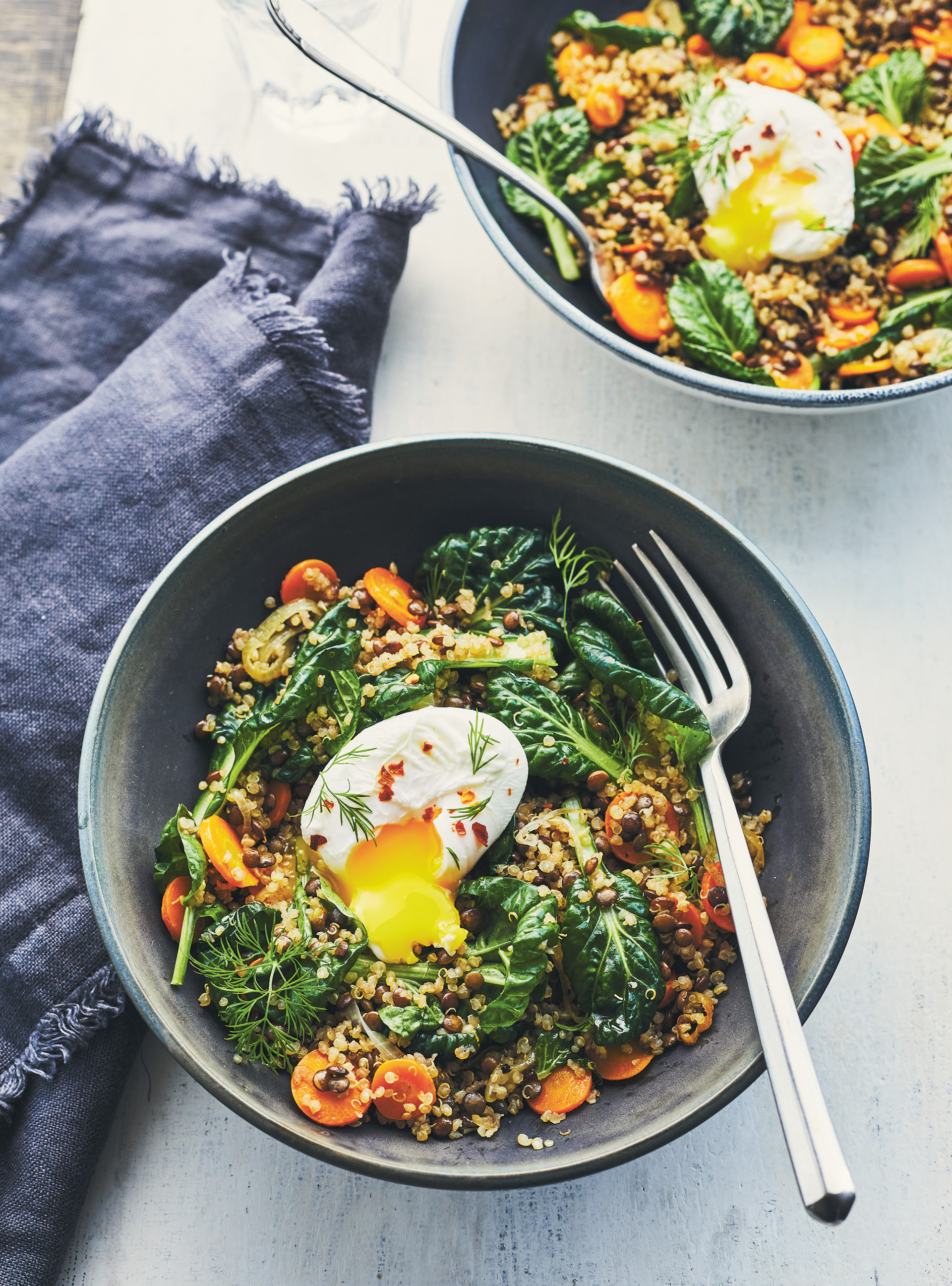 Lentil and Quinoa Bowls with Tatsoi and Poached Eggs