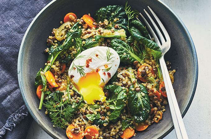 Lentil and Quinoa Bowls with Tatsoi and Poached Eggs